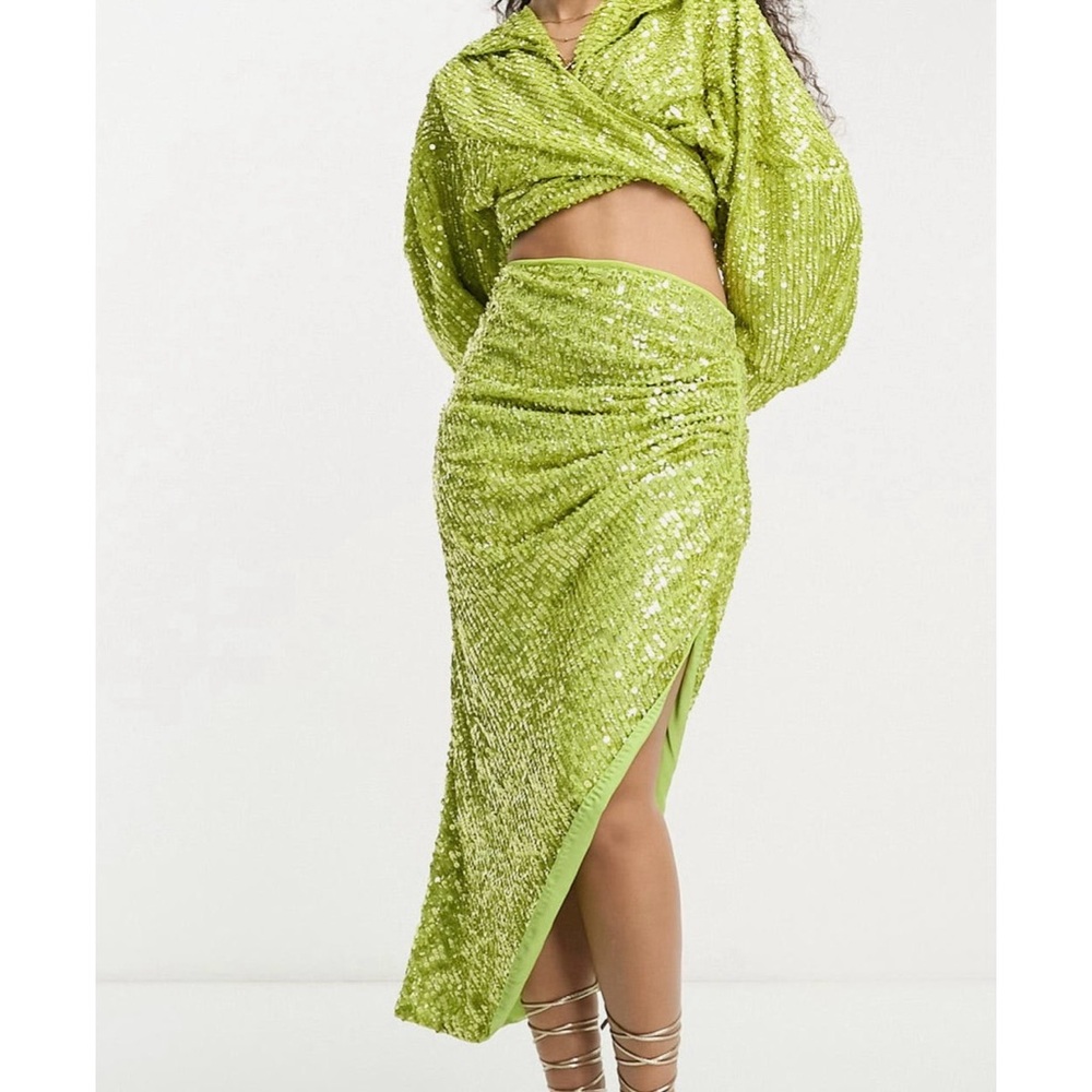 SALE ASOS Edition Green Sequin Knee High Slit Skirt